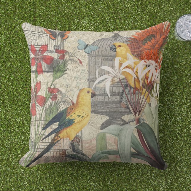 ヴィンテージ　植物　鳥　自然　アンティーク　トロピカル アウトドアクッション (芝生)