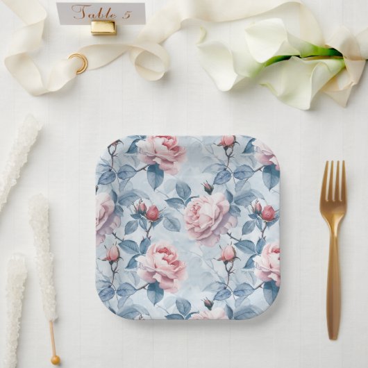 ヴィンテージ・水彩のバラ ペーパープレート (ウェディング)