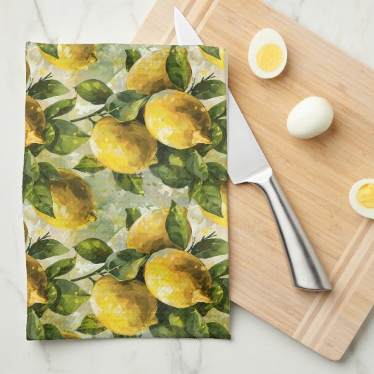 ヴィンテージ、水彩レモン キッチンタオル (四つ折り)