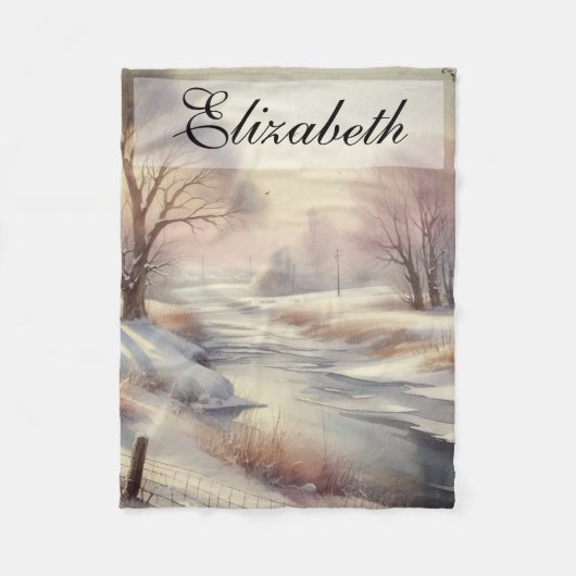 ヴィンテージ 水彩画 冬の風景 スカイ フリースブランケット (正面)