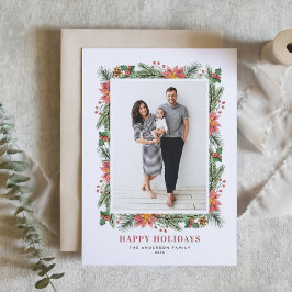 ヴィンテージ 水彩 ポインセチアとグリーン植物の写真 シーズンカード