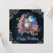 ヴィンテージ 水彩 天体 ファンタジー フクロウ 誕生日 カード (正面/裏面インサイチュ)
