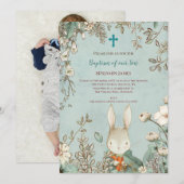 ヴィンテージ 洗礼 かわいいウサギの写真が残る 赤ちゃん男の子 招待状 (正面/裏面)