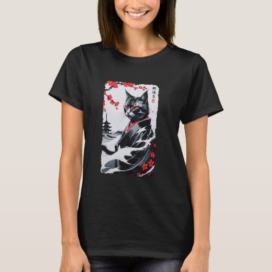 ヴィンテージ 浮世絵 和風 猫 着物 墨絵 猫 Tシャツ (正面)