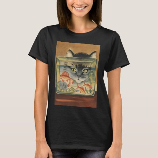 ヴィンテージ　猫が魚をのぞくポスター Tシャツ (正面)