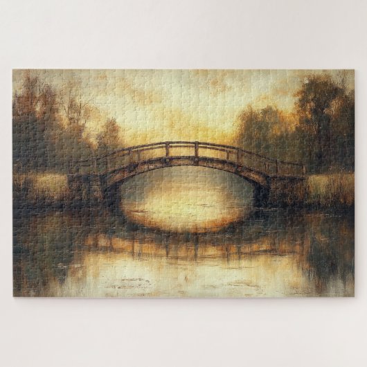 ヴィンテージ 田舎風景 川に架かる橋の絵画  ジグソーパズル (横)