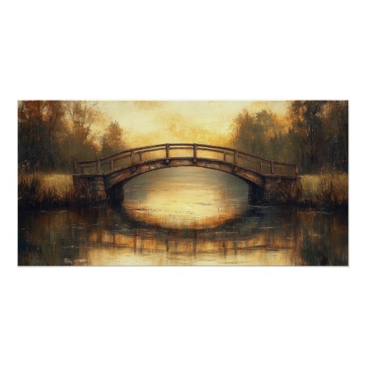 ヴィンテージ 田舎風景 川に架かる橋の絵画 ポスター (正面)
