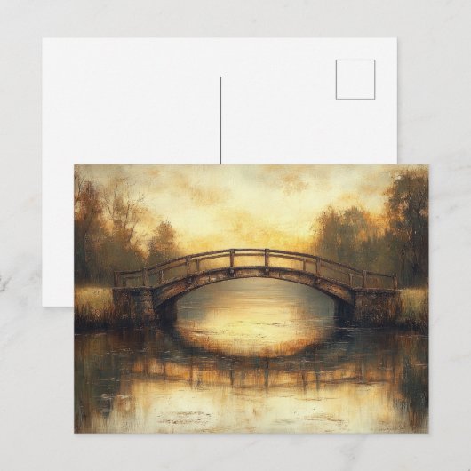 ヴィンテージ 田舎風景 川に架かる橋の絵画 ポストカード (正面/裏面)