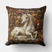 ヴィンテージ 白いユニコーン 花のファンタジーアート おとぎ話 クッション (正面)