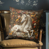 ヴィンテージ 白いユニコーン 花のファンタジーアート おとぎ話 クッション