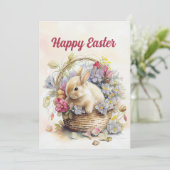 ヴィンテージ 白うさぎ バスケット 花 イースターおめでとう シーズンカード (スタンド正面)