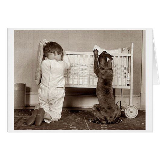 ヴィンテージ-祈りの言葉を言っている子供及び犬 (正面横)