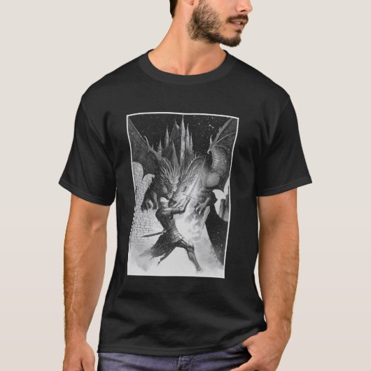 ヴィンテージ 神話の 中世 城 騎士 と ドラゴン Tシャツ (正面)