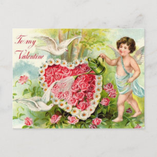 ヴィンテージ – 私のバレンタイン – キューピッド、ハート&ハト シーズンポストカード