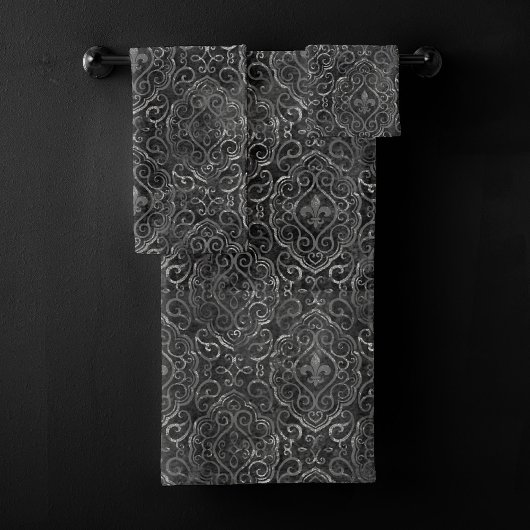 ヴィンテージ(紋章の)フラ・ダ・リ |ブラック・シルバー・ダマグランジスク バスタオルセット