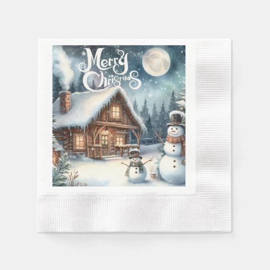 ヴィンテージ/素朴/雪だるま/クリスマス 縁ありカクテルナプキン (正面)