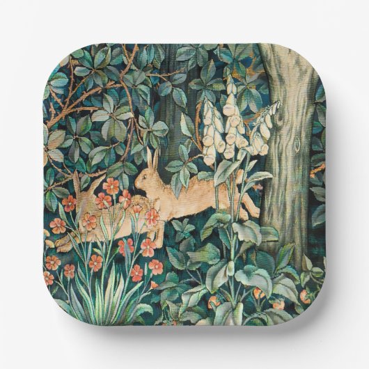 ヴィンテージ「緑」 – 木の花とウサギ ペーパープレート (正面)