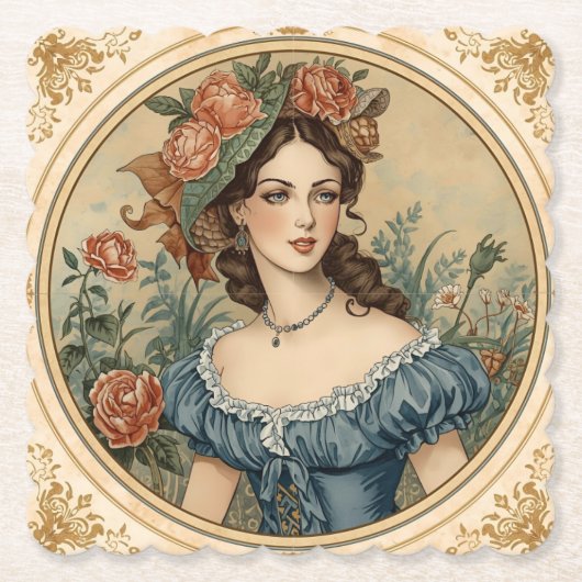 ヴィンテージ、美しい女性が花園で ペーパーコースター (正面)
