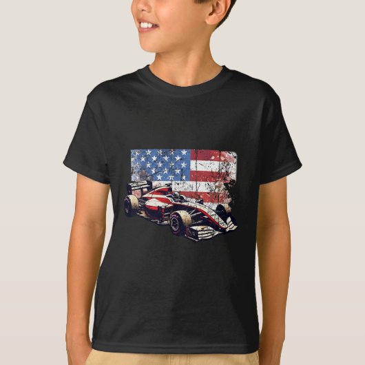 ヴィンテージ 自動車 レース アメリカ国旗 7月4日 Tシャツ (正面)