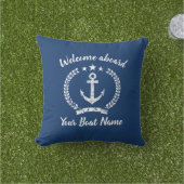 ヴィンテージ·航海のいかり·ネービー·ブルー·カスタムボート名 アウトドアクッション (芝生)