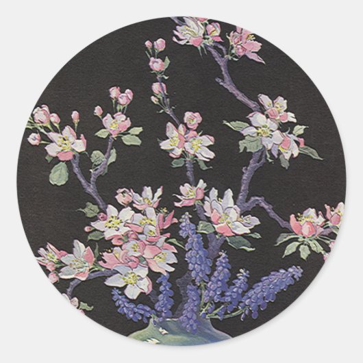 ヴィンテージ 花瓶の桜の花 ラウンドシール (正面)
