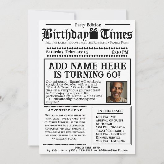 ヴィンテージ「誕生日タイムズ」新聞招待状 招待状 (正面)