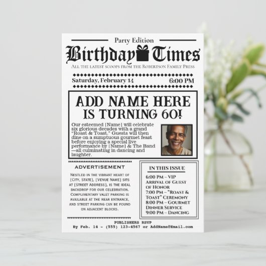 ヴィンテージ「誕生日タイムズ」新聞招待状 招待状 (スタンド正面)