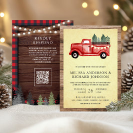 ヴィンテージ 赤いクリスマストラックの木製QRコード ウェディング 招待状