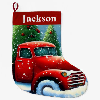 ヴィンテージ 赤いトラックとクリスマスツリー かわいい雪景色 ラージクリスマスストッキング