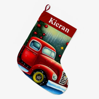 ヴィンテージ 赤いトラックとクリスマスツリー かわいい雪景色 ラージクリスマスストッキング