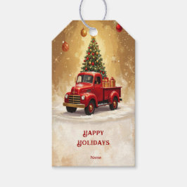 ヴィンテージ 赤いトラックとクリスマスツリー ギフトタグ