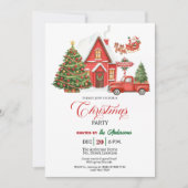ヴィンテージ 赤いトラックと家のクリスマスパーティー 招待状 (正面)
