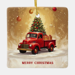 ヴィンテージ 赤いトラック クリスマスツリーとプレゼント セラミックオーナメント