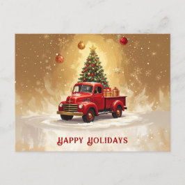 ヴィンテージ 赤いトラック クリスマスツリーとプレゼント ポストカード