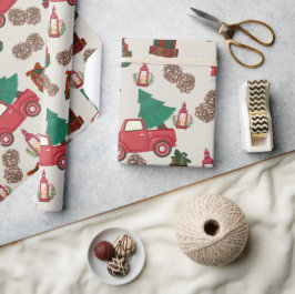 ヴィンテージ 赤いトラック クリスマス ラッピングペーパー 