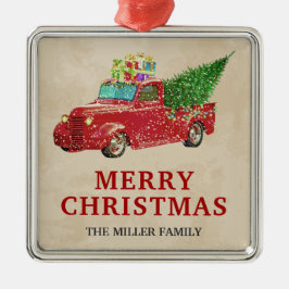 ヴィンテージ 赤いピックアップトラック クリスマス メタルオーナメント