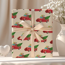 ヴィンテージ 赤いピックアップトラック クリスマス ラッピングペーパー