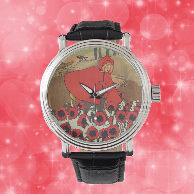 ヴィンテージ 赤ずきん 狼 ポピー 花 腕時計 (Red riding hood in cap picking red flowers in field with wold on wrist watch.)