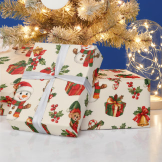 ヴィンテージ 赤と緑のクリスマス サンタ レインディア ラッピングペーパー