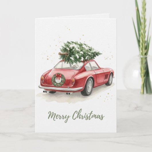 ヴィンテージ 赤 レトロな車 クリスマスツリー カード (正面)