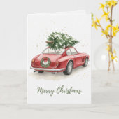 ヴィンテージ 赤 レトロな車 クリスマスツリー カード (黄色い花)