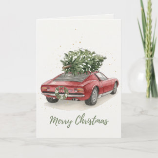 ヴィンテージ 赤 レトロ スポーツカー クリスマスツリー グリーティングカード