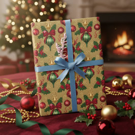 ヴィンテージ 赤 緑 クリスマス オーナメント ラッピングペーパー