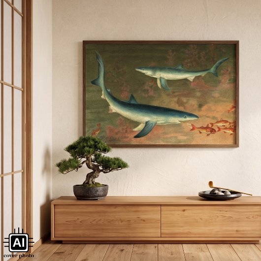 ヴィンテージ 青いサメが魚を食べる 海洋生物 ポスター