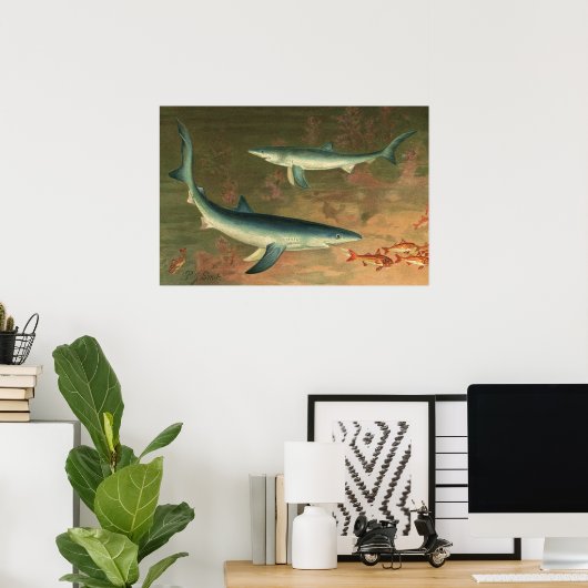 ヴィンテージ 青いサメが魚を食べる 海洋生物 ポスター (ホームオフィス)