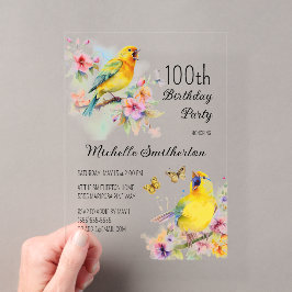 ヴィンテージ 鳥 カナリア 花 100歳の誕生日 アクリル招待状