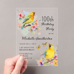ヴィンテージ 鳥 カナリア 花 100歳の誕生日 アクリル招待状