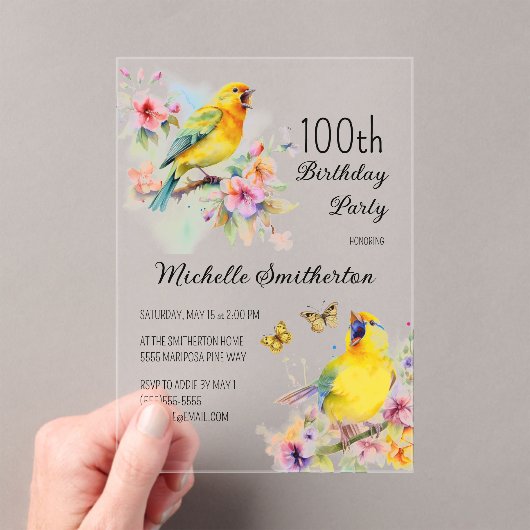 ヴィンテージ 鳥 カナリア 花 100歳の誕生日 アクリル招待状 (インサイチュ (ポータブル))
