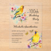 ヴィンテージ 鳥 カナリア 花 100歳の誕生日 アクリル招待状 (正面)