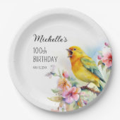 ヴィンテージ 鳥 カナリア 花 100歳の誕生日 ペーパープレート (正面)